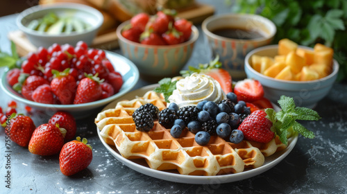 Breakfast with waffles and fruit on a wood table surface. Top view.