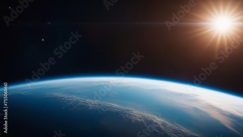 Sunrise over Earth as seen from space, a stunning view with sunburst and atmospheric glow, ideal for backgrounds and space themes
