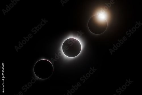 Composite image of a total solar eclipse sequence with three different stages photographed in Wyoming USA in 2017 photo