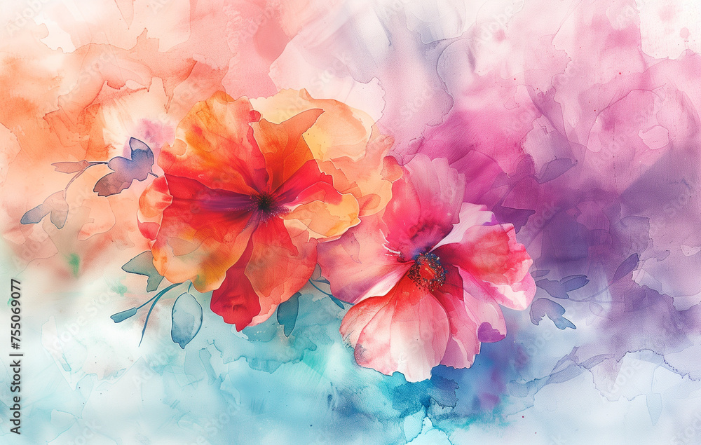 Vibrant watercolor flowers painting: Ethereal red and pink blooms with splashes of blue, abstract floral art background