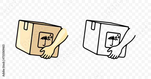 Hands holding, sign or symbol on box, keep away from moisture or water, graphic design. Delivering parcels, delivery service, courier and package, vector design and illustration