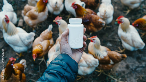 A hand extending a white bottle toward a group of chickens, possibly implying animal health care photo