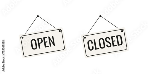 Door signs hanging isolated on a white background vector. Open and Closed signs for stores, restaurants, cafes, or offices.
