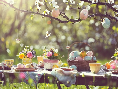 Easter table setting, springtime party table decor with flowers, eggs and beautiful details, spring festive home party decorations