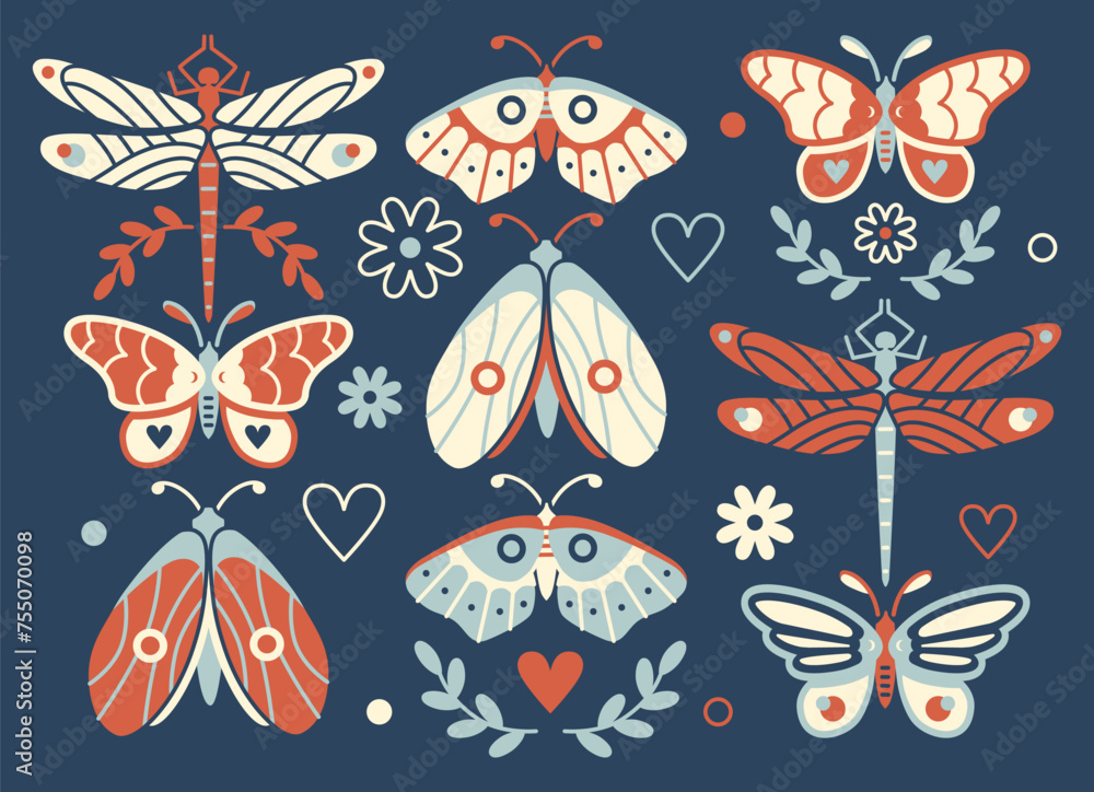Mystery insects, retro spring vector collection on dark background. Isolated moth, dragonflies, butterfly. Sacred Modern graphic art. Limited color palette Mystery insects, retro spring vector collection on dark background. Isolated moth, dragonflies, butterfly. Sacred Modern graphic art. Limited color palette