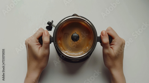Top view of hands holding a French press full of fresh coffee, capturing the morning routine photo