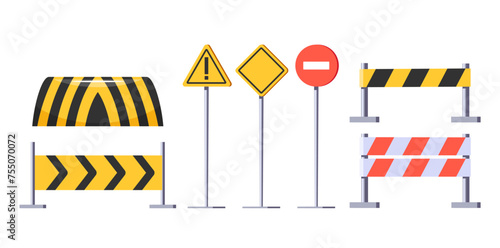 Road Construction Equipment Isolated on White Background. Cones, Striped Barriers, Warning and Stop Signs For Building