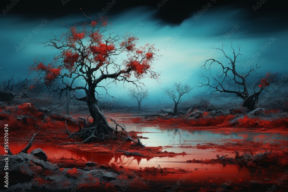 Obraz premium Contrasting Red blue landscape. Color nature. Generate Ai