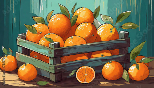 Crate with  tangerines on a wooden table , art design