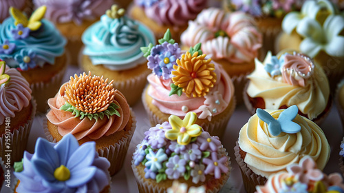 A colorful array of cupcakes adorned with frosting flowers and sugar butterflies, their delicate designs a testament to the skill and creativity of the baker who crafted them with love.