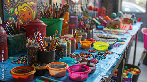 A DIY craft station at a birthday party, with supplies for painting, beading, and other creative activities for guests to enjoy and take home as keepsakes. © Balqees