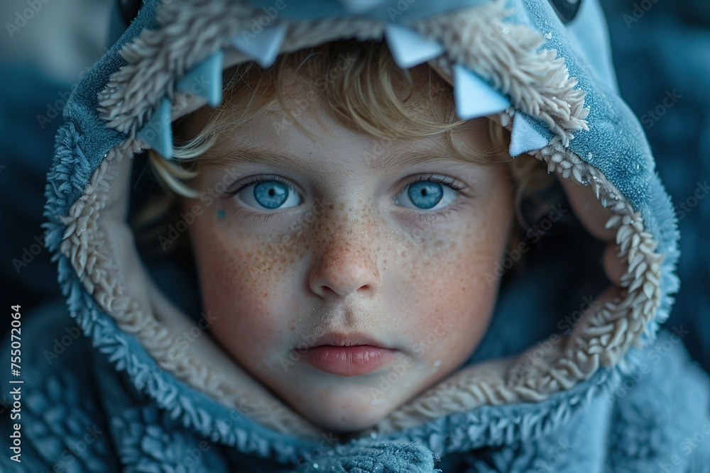 In an endearing image, a young boy captivates in his cute shark costume, his striking blue eyes shining against the matching blue background, evoking a sense of wonder and joy In an endearing image, a young boy captivates in his cute shark costume, his striking blue eyes shining against the matching blue background, evoking a sense of wonder and joy