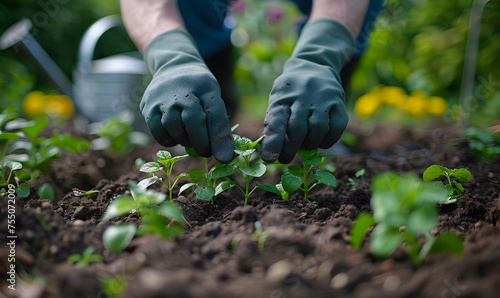 A person, wearing gloves and appropriate footwear, is planting terrestrial plants in a natural landscape. They are surrounded by grass, groundcover, trees, and the serene beauty of the landscape
