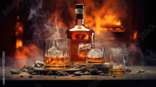 two glasses and bottle of whiskey on a wooden table