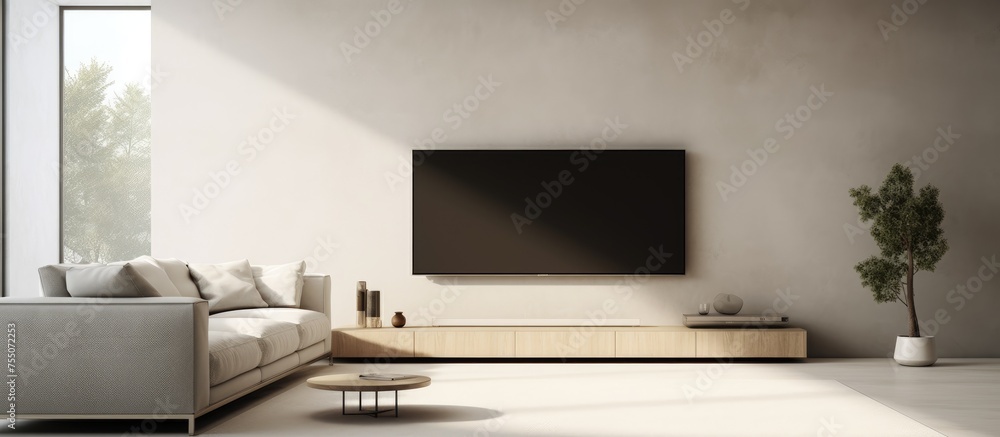 A rectangular living room with hardwood flooring and a couch. The wall is adorned with a flatscreen TV for entertainment display. Wood ceiling adds warmth to the space A rectangular living room with hardwood flooring and a couch. The wall is adorned with a flatscreen TV for entertainment display. Wood ceiling adds warmth to the space