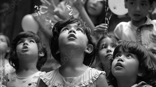 A group of children eagerly waiting in line for their turn to take a swing at the birthday pinata, their eyes shining with excitement as they anticipate the moment.