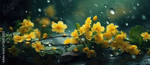 Yellow flowers are blooming on a tree branch in the rainy weather, adding a pop of color to the natural landscape