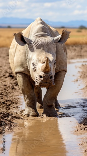 A rhinoceros stands in a muddy field