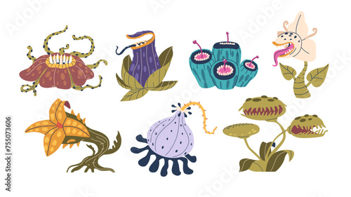 Carnivorous Plants Set. Fascinating Organisms That Trap And Digest Insects Or Small Animals, Vector Illustration