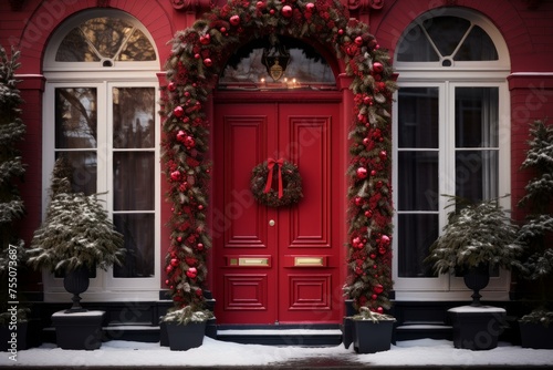 Dazzling Door Christmas colorful decoration. Red door exterior with colorful lights. Generate Ai