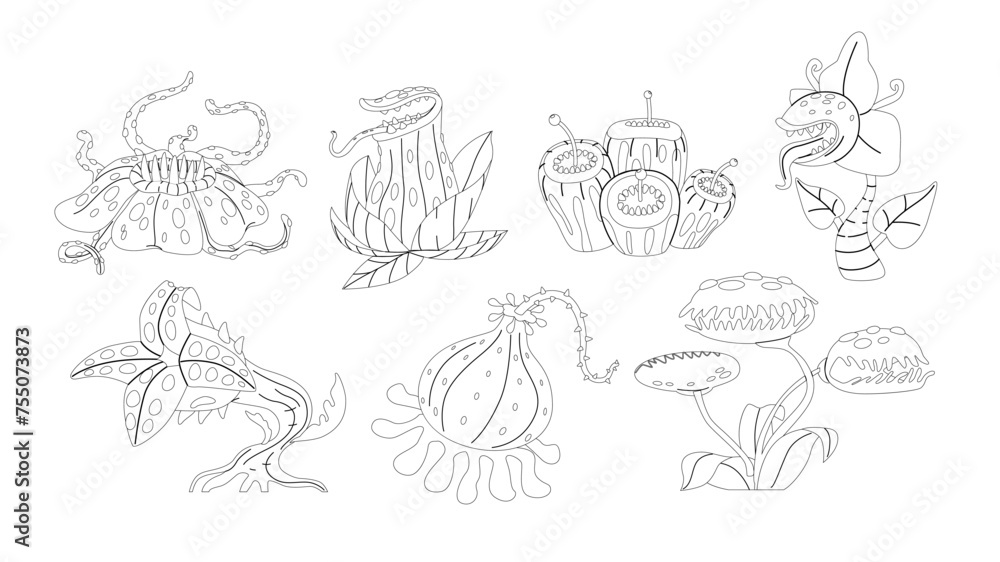 Carnivorous Plants Isolated Outline Vector Icon Set. Fascinating Organisms That Trap And Digest Insects Or Small Animals