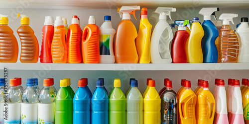 Bright and colorful array of assorted cleaning supplies organized on pristine white shelves photo