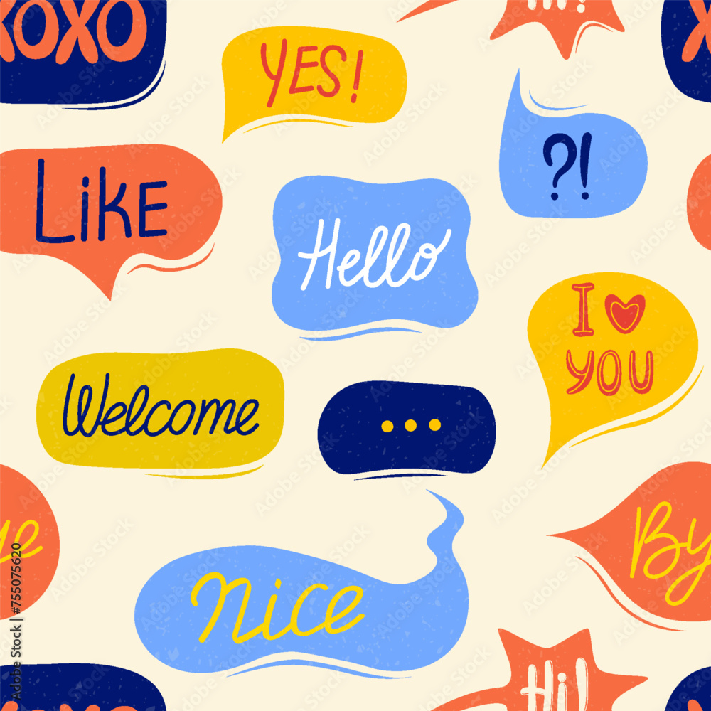 Seamless pattern with message words in speech bubbles, various shapes, bright colors, hand drawn fonts. Added texture, Abstract modern vector illustration. Seamless pattern with message words in speech bubbles, various shapes, bright colors, hand drawn fonts. Added texture, Abstract modern vector illustration.