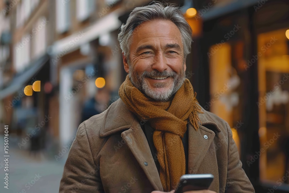 In a moment of efficient multitasking, a mature businessman smiles while sending a voice message on his phone, seamlessly blending technology with professionalism In a moment of efficient multitasking, a mature businessman smiles while sending a voice message on his phone, seamlessly blending technology with professionalism