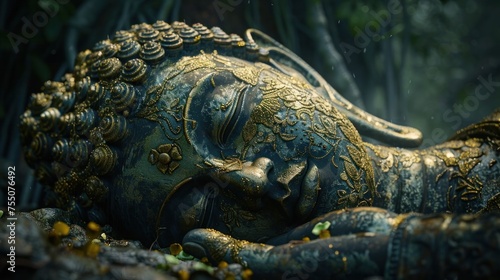 Serene Thai Buddha Statue Lies in Mysterious Deep Forest with Vibrant Script and Striking Contrast