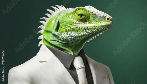 Green lizard in a stylish white suit, illustration.