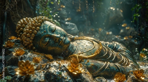 Reclining Buddha in Mysterious Thai Forest Exuding Serene Majesty with Vibrant CG Colors