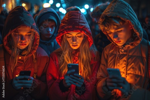 Children standing in circle holding smartphones