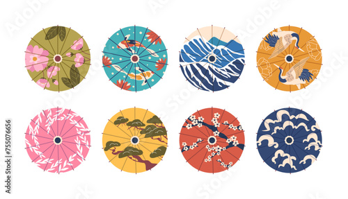 Japanese Umbrellas Top View. Traditional Asian Paper Japan Or Chinese Parasol With Beautiful Patterns Vector Set © Pavlo Syvak