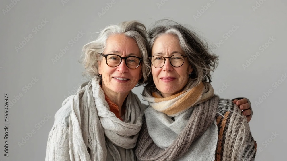 Women of retirement age hugging on a light background Women of retirement age hugging on a light background
