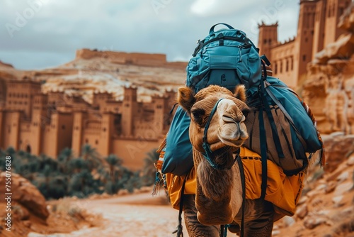 A camel wearing a backpack