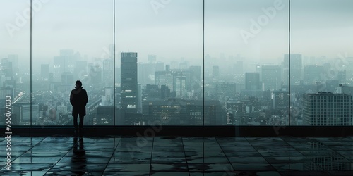 The man on the building  urban setting  skyscraper backdrop  dramatic lighting  mysterious silhouette