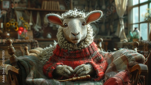 A sheep knitting sweaters from its own wool in a cozy cottage