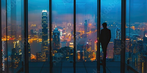 The man on the building, urban setting, skyscraper backdrop, dramatic lighting, mysterious silhouette