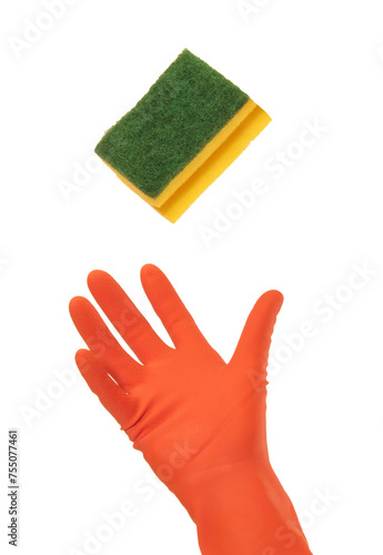 Hand glove holding cleaning sponge isolated on transparent layered background.