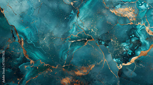 Turquoise blue marble and gold veins background