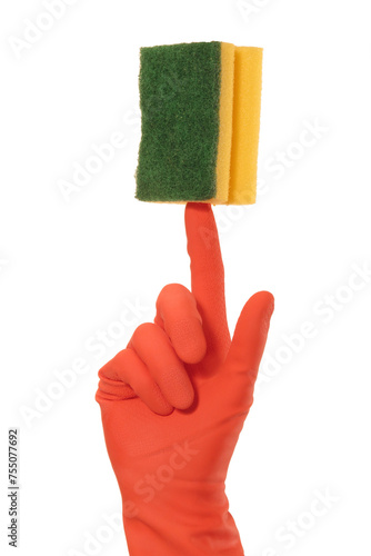 Hand glove holding cleaning sponge isolated on transparent background.