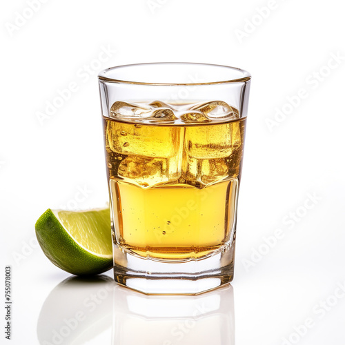 Glass of tequila, white background, professional photo сreated with Generative Ai photo