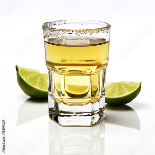 Glass of tequila, white background, professional photo сreated with Generative Ai photo