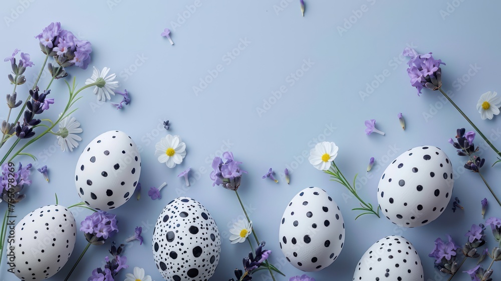 Easter card with text Happy Easter with Easter eggs decorated in white and black and spring lavender flowers. Easter background with copy space. Flat layout