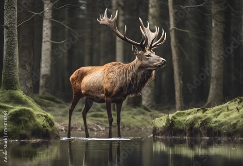 A Red Deer Stag by a pool in the forest