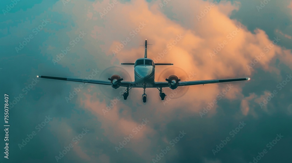 Bottom view - twin prop cargo plane on sky background
