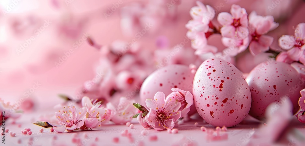 Delicate pastel monochrome pink Easter background with Easter pink eggs and spring pink flowers on a pink background with plenty of space for text