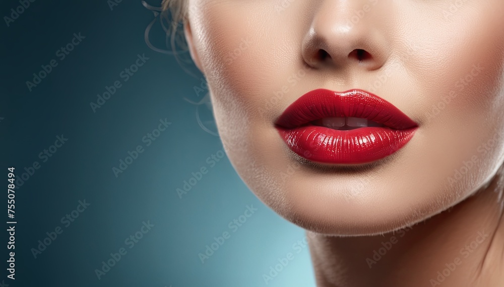 Close-up of a person's lower face, showcasing clear complexion against a blue background. Image captures detail of skin texture, lips, used for skin care promotion. Close-up of a person's lower face, showcasing clear complexion against a blue background. Image captures detail of skin texture, lips, used for skin care promotion.