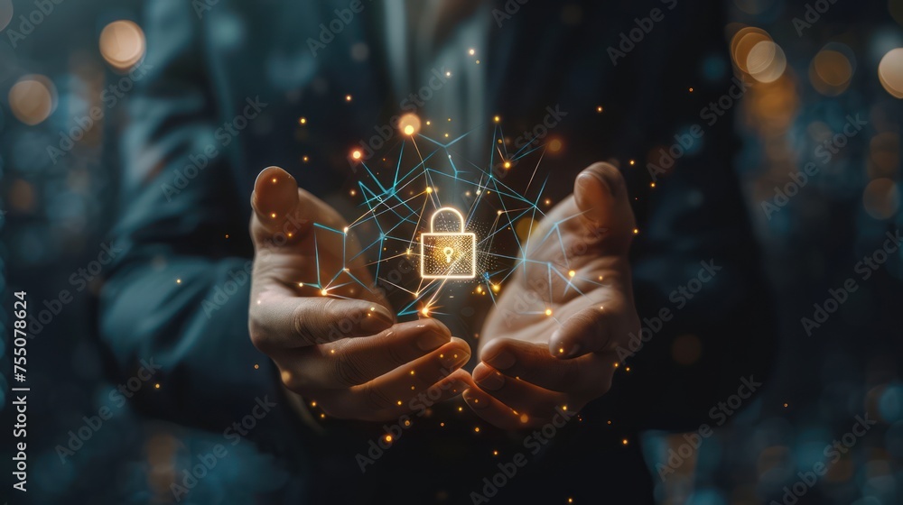 minimalist background of Businessman holding security padlock button on virtual screens, technology internet and networking concept - obrazy, fototapety, plakaty 