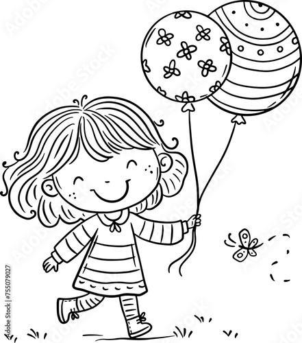 Cute cartoon little girl with balloons walking outdoors. Coloring book page for kids. Outline vector illustration